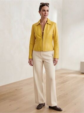 Revue 100% Genuine Lambskin Leather Yellow Zip Jacket Blazer Size 12